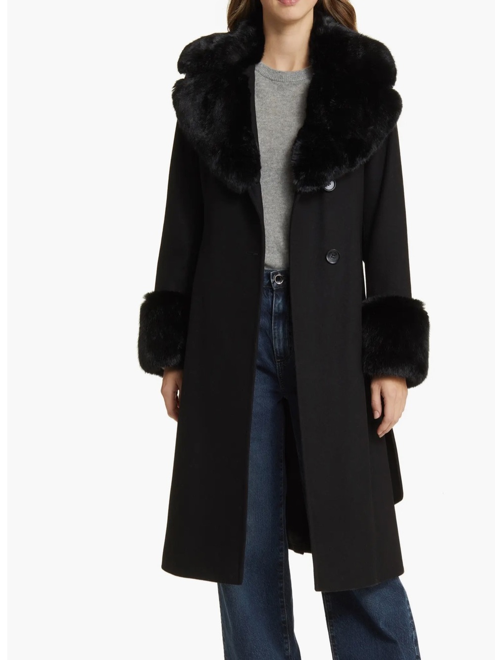 Via Spiga Wool Blend Belted Coat with Faux Fur Trim